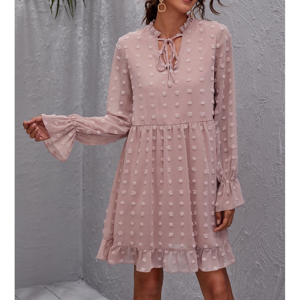 Pink Long Sleeve Swiss Dot Ruffle Loose Dress